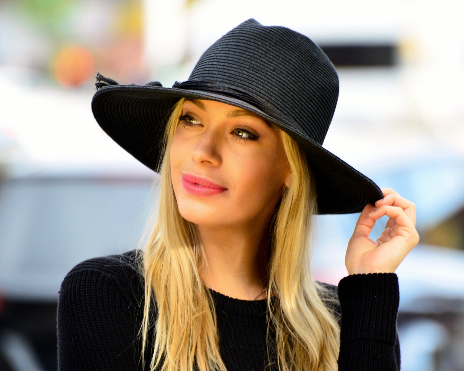 SPF Sun Hat Women's Straw Hat Wide Brim Fedora Black Hat