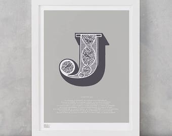 Illustrated Letter J, Letter J, Alphabet Letters, Illustrated Letters, Illustrated J, Alphabet Wall Posters