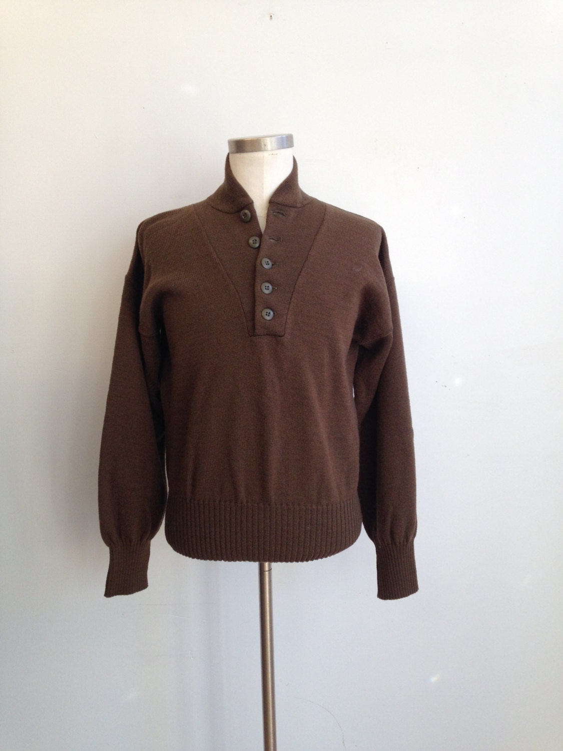 Vintage Military Henley Sweater/ Button Up Army Sweater/Drab