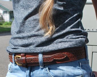 Vintage Brown Leather Western Belt Tooled Leather Belt