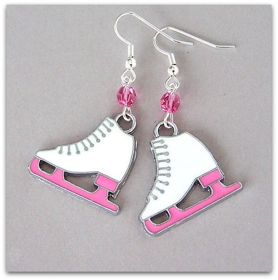 Figure skater earrings pink and white ice skating earrings I