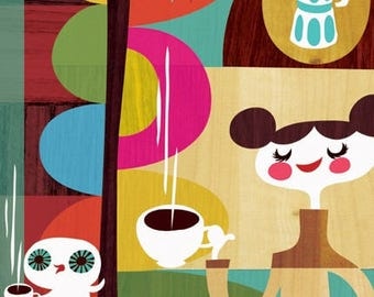 coffee with my owl... limited edition giclee print of an original illustration (8.5 x 11)