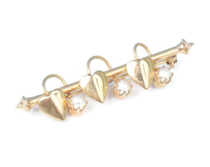 Cultured Pearl and Hearts Bar Pin Victorian Revival Vintage