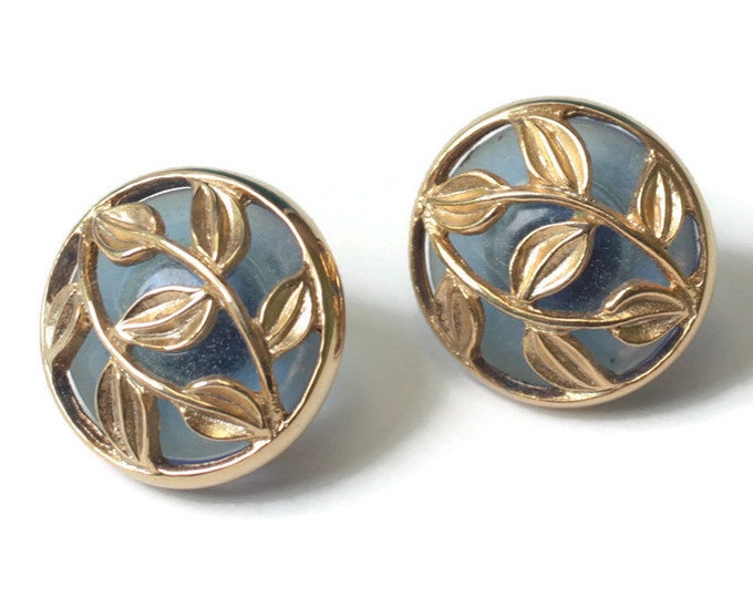 Gold Leaf Overlay Blue Glass Earrings Posts Vintage Round Smaller Size