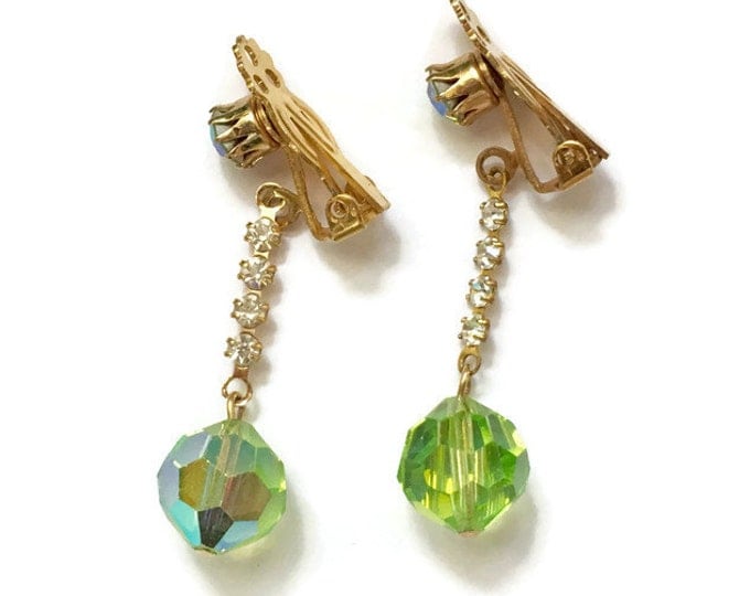 Green AB Crystal Dangle Earrings Clip Style Vintage