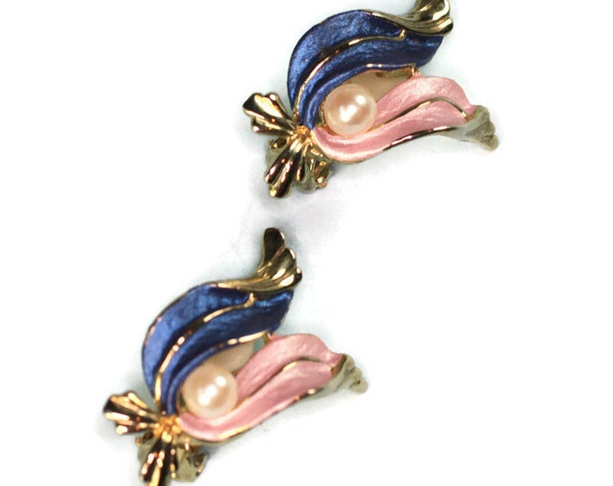 Pink and Blue Enameled Earrings Faux Pearl Clip On Style Vintage