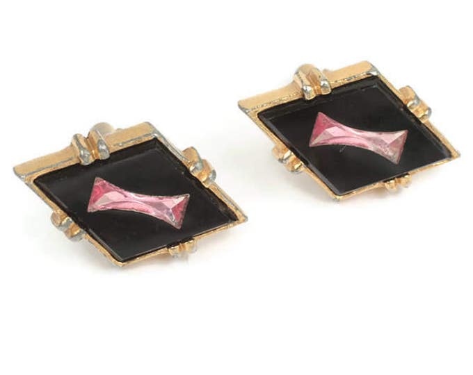 Black Glass Cuff Links Pink Inset Diamond Shaped Vintage Cufflinks