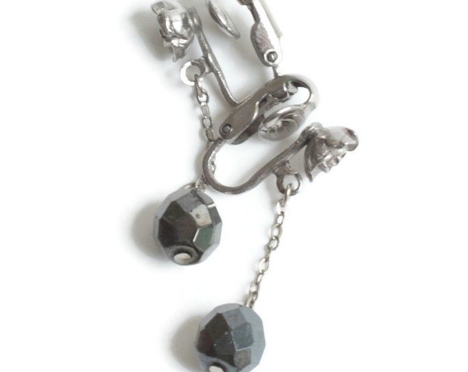 Dark Grey Dangle Earrings Rose Accent Hematite Clip On Vintage