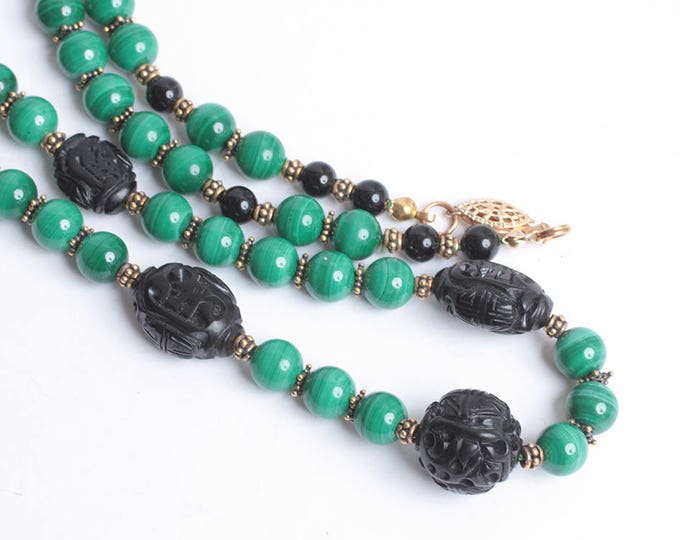 Malachite Bead Necklace Black Faux Cinnabar Bead Gold Tone Accents Vintage