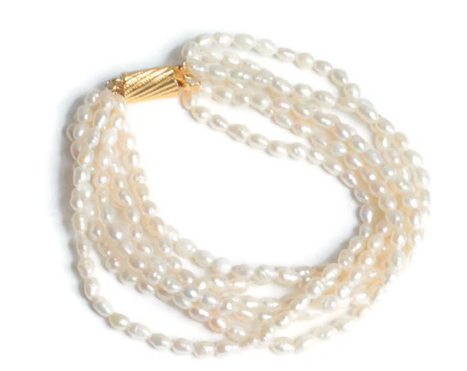 Freshwater Pearl 6 Strand Bracelet Wedding Bridal Gift Gold Tone Clasp