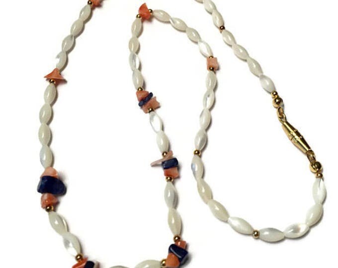 Mother of Pearl Rice Bead Necklace Coral Lapis Bead Vintage