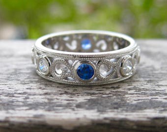 Blue Sapphire & Diamond Wedding Band in 14K White Gold with Milgrain Detailing on Ring Edges and Scrolls Size 7