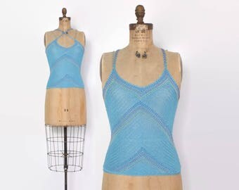 Vintage 90s Beaded Knit Top / 1990s Does 70s Sky Blue Slinky Knit Strappy Tank