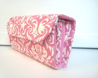 Cash Envelope Wallet / Dave Ramsey System / Zipper Envelopes / Cash Envelope System - Pink and White Damask