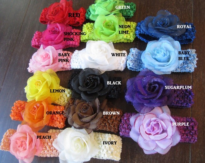 glitter flower headband, glitter headband, rose headband, flower clip, rose clippie, baby headbands, toddler bands, set of 8, photo prop bow