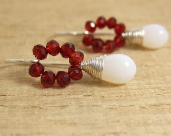 Earrings with Tiny, Red Crystal Beads and Milky White Glass Teardrops Wire Wrapped with Sterling Silver Wire HE-366