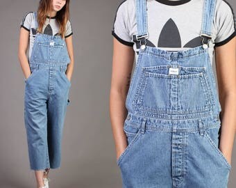 vintage CALVIN KLEIN denim OVERALLS blue jean pants jumpsuit one piece raw hem 90s 1990s large L