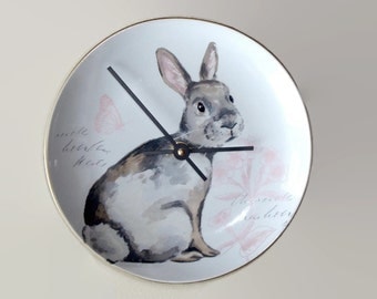 8 Inch Silent Bunny Rabbit Wall Clock, Porcelain Plate Clock, Unique Wall Decor, Kitchen Clock, Spring Wall Clock, Nursery Clock 2297