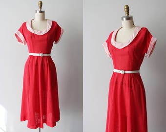 R e s e r v e d 1940s Dress - Vintage 40s Dress - Red Dotted Swiss Cotton Swing Dress - Sister Scarlet Dress