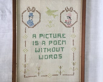 Vintage Framed Cross Stitch Sampler A Picture is Poem without Words