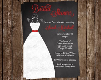Chalkboard Bridal Shower Invitations, Wedding Gown, Dress, Red, Scarlet, Crimson, Set of 10 Printed Invites, FREE Shipping, CKGRD, Custom