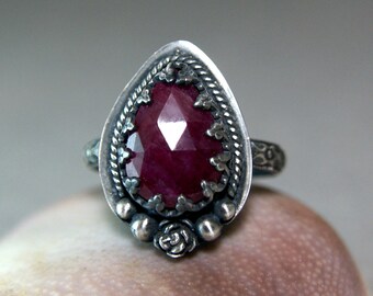 Vintage Style Natural Ruby Ring, Sterling Silver July Birthstone Jewelry, Woodland Style Ring