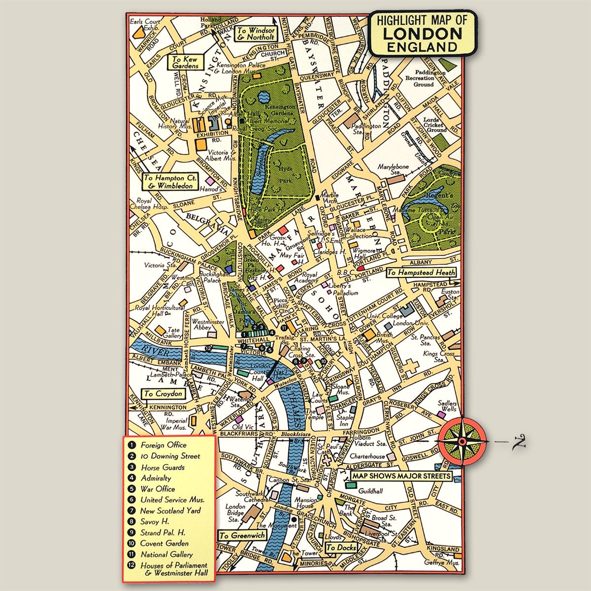 London England Archival Print Giclee 1950 Vintage Map Theaters