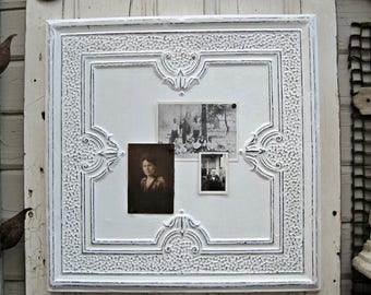 Antique Ceiling Tin Tile. 2x2 FRAMED & ready to hang. Architectural salvage. Magnet Board. Vintage pressed tin tile.