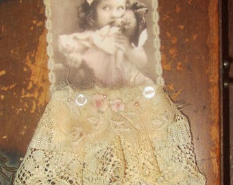 Vintage Lace Collage Sweet Girl with her Doll Embellished Altered Tag