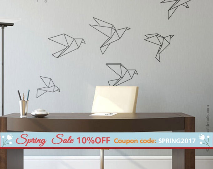 Origami Birds Wall Decal, Origami Birds Wall Sticker Christmas Gift, Set of 6 Geometric Cranes Wall Decal for Office Home Decor Living Room