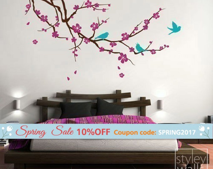 Cherry Blossom Branch and Birds Wall Decal, EXTRA LARGE Branch with Flowers Vinyl Wall Decal for Nursery Children Kids Room Decor