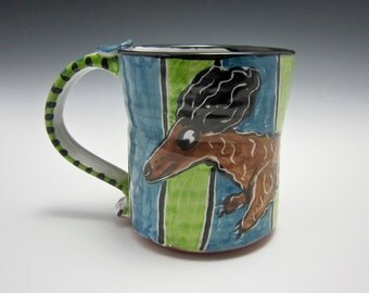 Large Ceramic Coffee Mug - Brown Longhair Dachshund Wiener Dog - Green Blue - Majolica - 17 ounces oz - Pottery Clay- Pet Dog Mug - Cup
