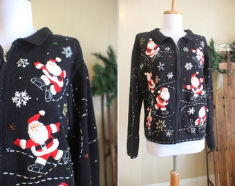 Ugly Christmas Sweater Party Vintage Holiday Cardigan Santa Applique Black L