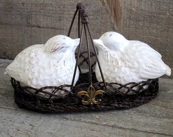 French Farmhouse Salt and Pepper Shakers French Salt and Pepper Shakers Upcycled Bird Salt and Pepper Shakers Vintage Inspired Fleur di Lis
