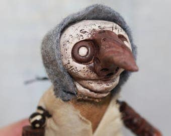 Original Art Handmade OOAK Articulated Lowbrow Hooded Plague Doctor Doll Grungy Mask Medieval Clay Fetish Free Ship USA