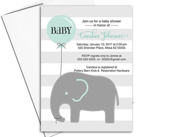 Elephant baby shower invitation balloon - gray teal baby shower - gender neutral baby shower invite - DIY Printable invitations - WLP00791