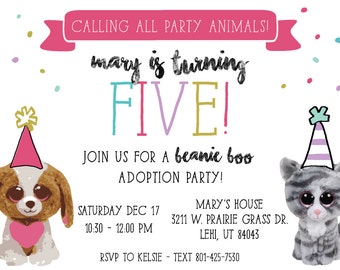 Beanie Boo Adoption Party Birthday Invitation - .JPG Digital Printable