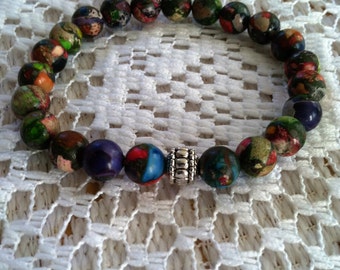 Handmade Genuine Multicolor Impression Stone Bracelet, Natural Jasper Stretch Bracelet,Meditation Healing Balance Jasper Gemstone Jewelry