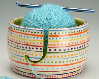 Ceramic Yarn Bowl for Knitting & Crochet, Knit Happy, Fiber Twine Pottery Yarn Bowl, Stripe and Dots, Interior Bright Yellow
