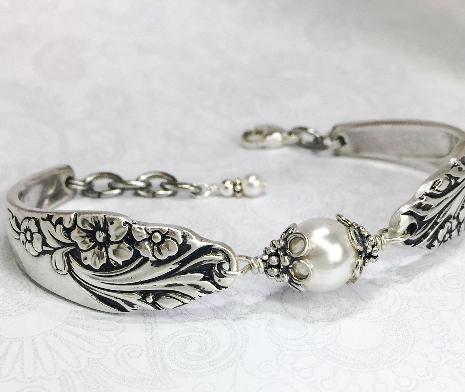 Silver Spoon Bracelet with White Crystal Pearls Silverware