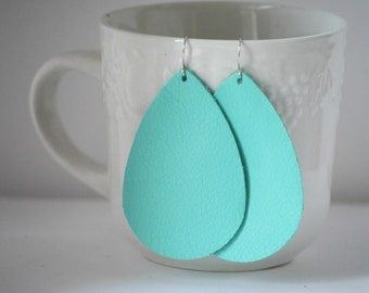 Island Paradise Pantone Teal Blue Turquoise Bright Blue Teardrop Drop Leather Earrings