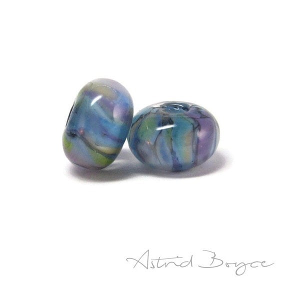 Watercolor Wash Artisan Lampwork Glass Blue Green Bead Pair Self Representing Artist SRA B195 glass spacer beads impressionist glass batik