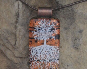 Copper Tree of Life Necklace Dichroic Glass Tree Pendant