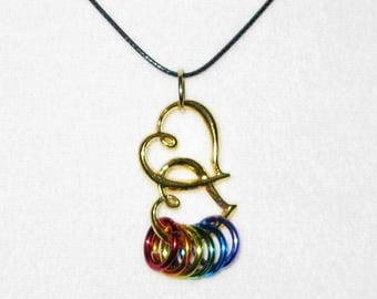 Gay Pride Necklace Gold Double Heart Jewelry Adjustable Black Cord Rainbow - Lesbian Love - LBGT - Human Rights Equality