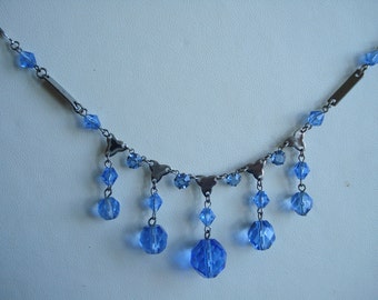 Art Deco Necklace Blue Glass Beads and Rhinestones 1920's 1930's