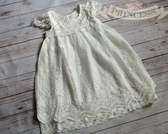 off white flower girl dress, baby dress, vintage flower girl dress, lace dress, white flower girl dress, champagne flower girl dress