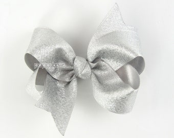 Silver Hair Bow - silver hair clip - silver hair barrette - little girls hair bows - baby hairbows - 3 inch boutique bows - metallic ribbon