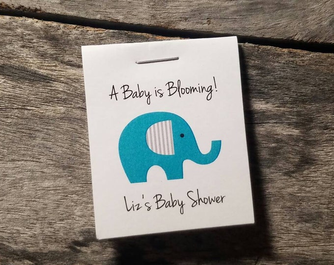 Personalized MINI Elephant Baby Shower Party Flower Seeds Packet Favors Gray and Teal Blue Wildflower Seed Cute Little Favors