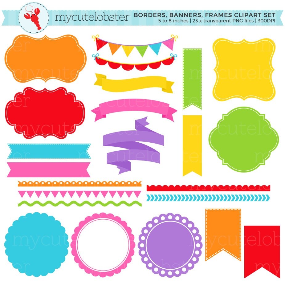 Rainbow Borders Banners & Frames Clipart Set labels