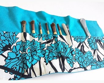 Blue Floral Print Makeup And Toiletry Holder Made From Silk And Cotton - 14 Pockets